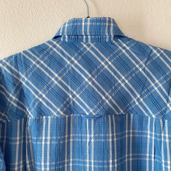 L.L.Bean Shirt M Blue & White Plaid Long Sleeve Tall Rob Button Up Pocket - Picture 5 of 13